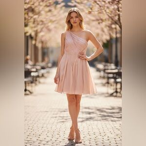 ANN TAYLOR Peach Silk Chiffon One Shoulder Dress Sz 10 Cocktail Bridesmaid